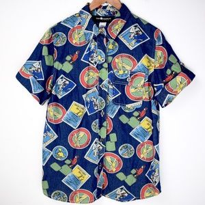 Vintage 1990sTravel Print Short Sleeve Denim Shirt